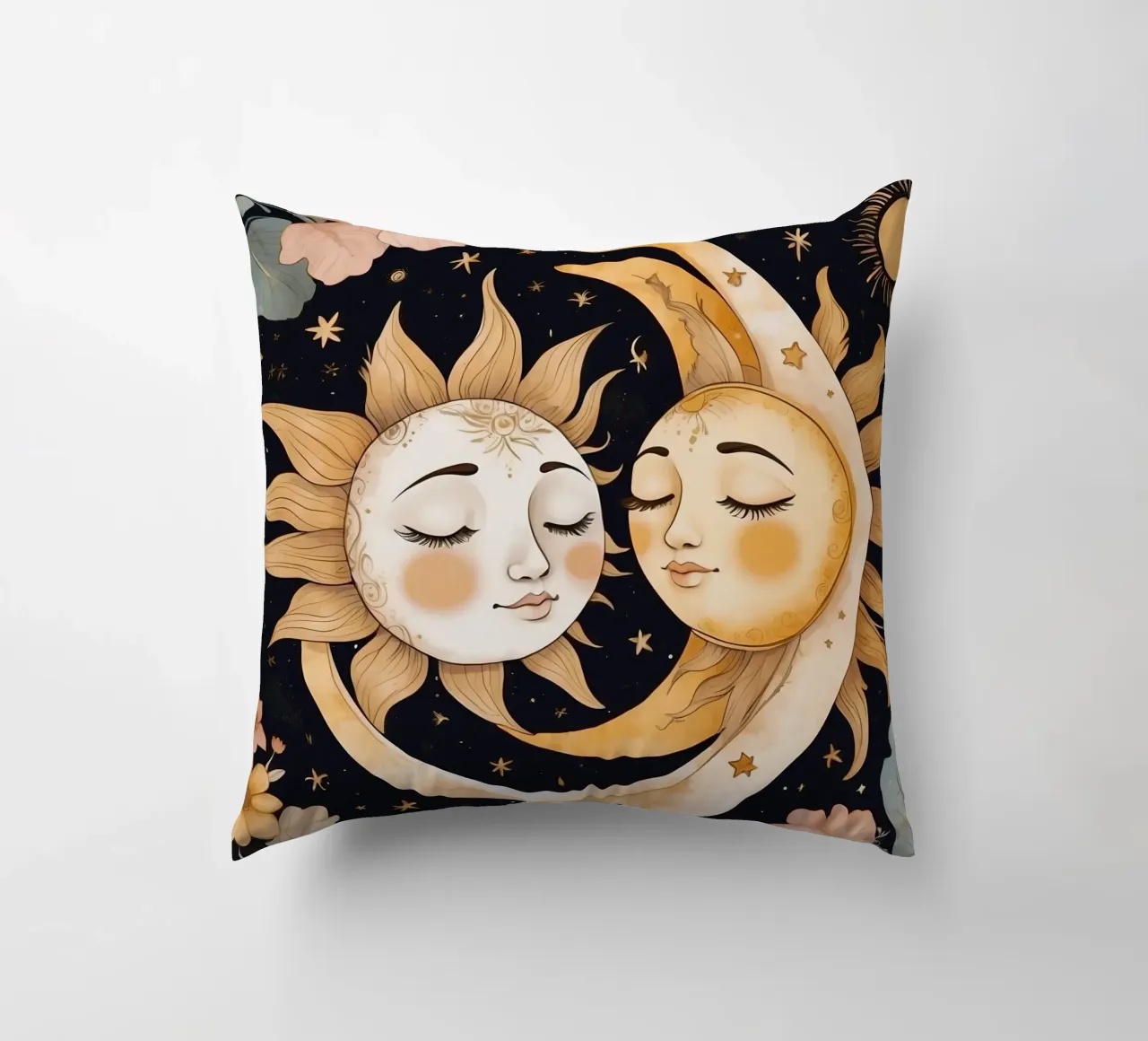 I volti celesti del sole e della luna si intrecciano in una notte floreale cuscino da DesignDoodle