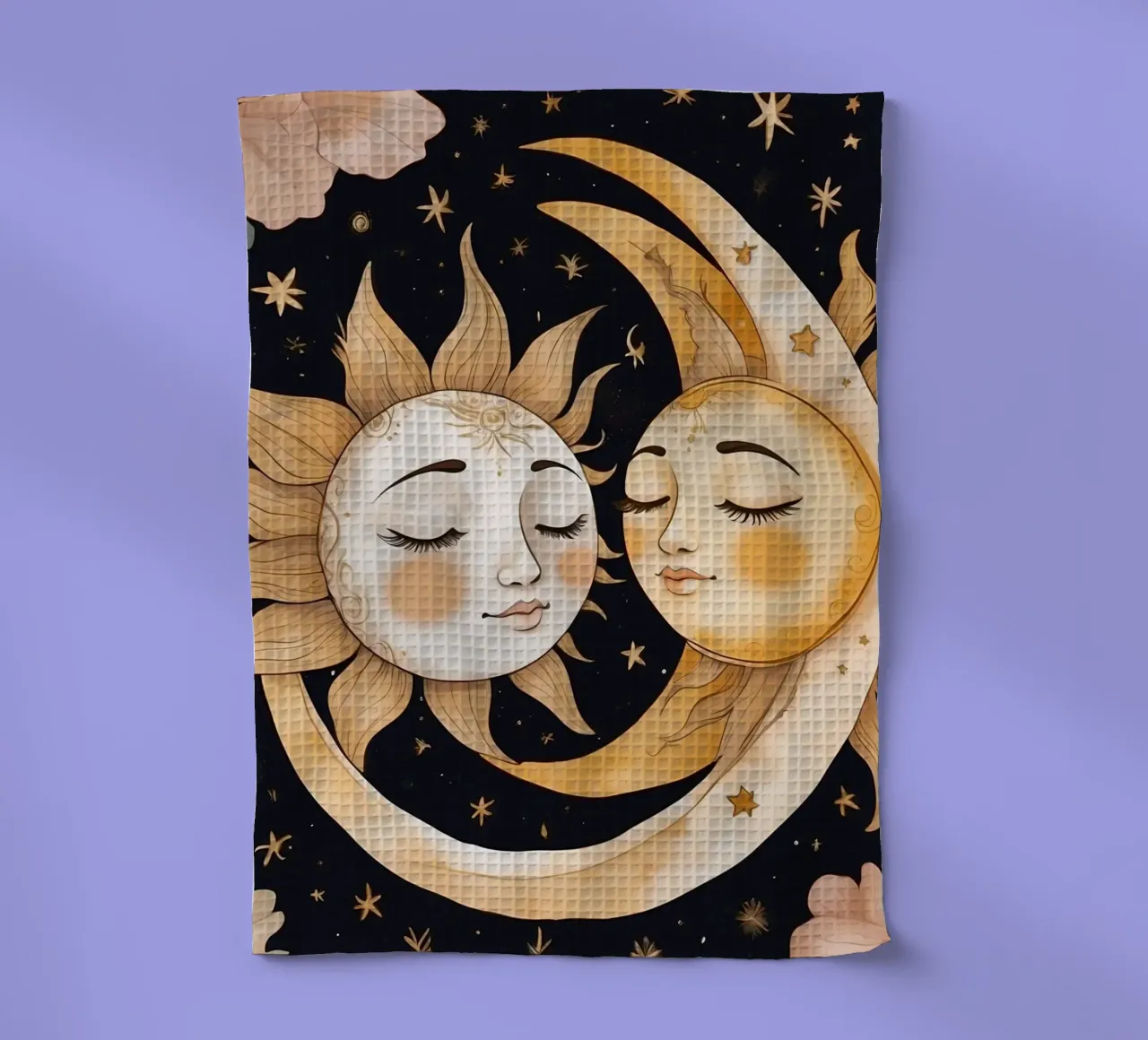 I volti celesti del sole e della luna si intrecciano in una notte floreale canovaccio da cucina da DesignDoodle