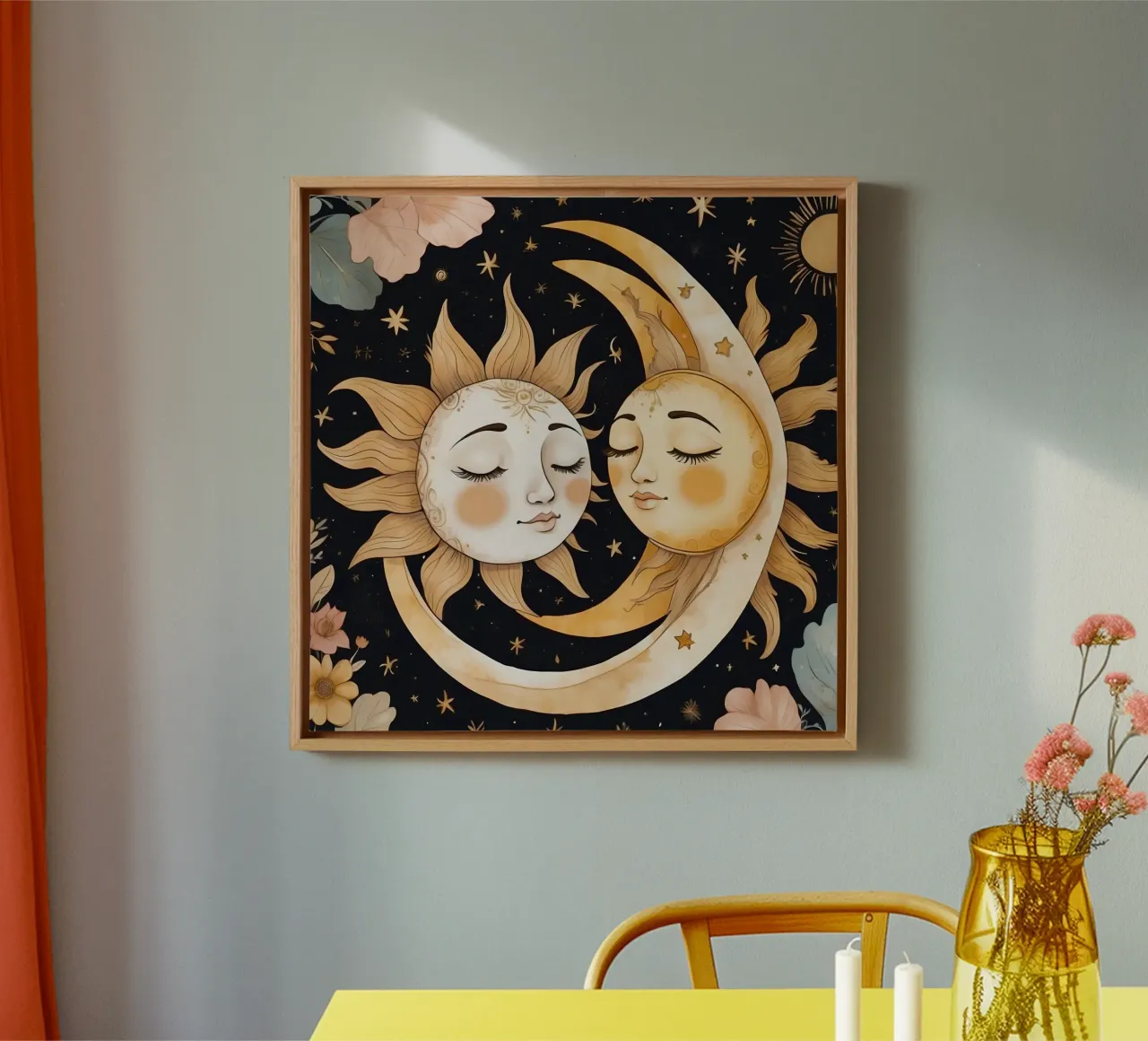 I volti celesti del sole e della luna si intrecciano in una notte floreale tela con Cornice a cassetta da DesignDoodle