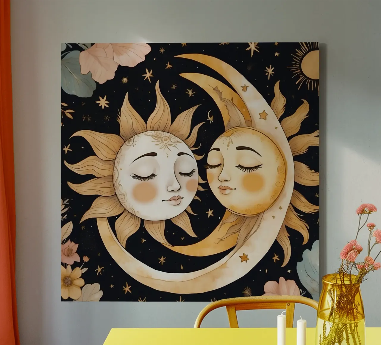 I volti celesti del sole e della luna si intrecciano in una notte floreale tela con Cornice a cassetta da DesignDoodle