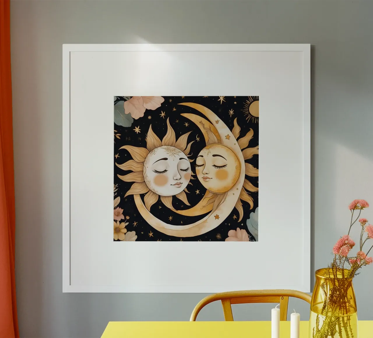 I volti celesti del sole e della luna si intrecciano in una notte floreale poster con telaio in legno da DesignDoodle