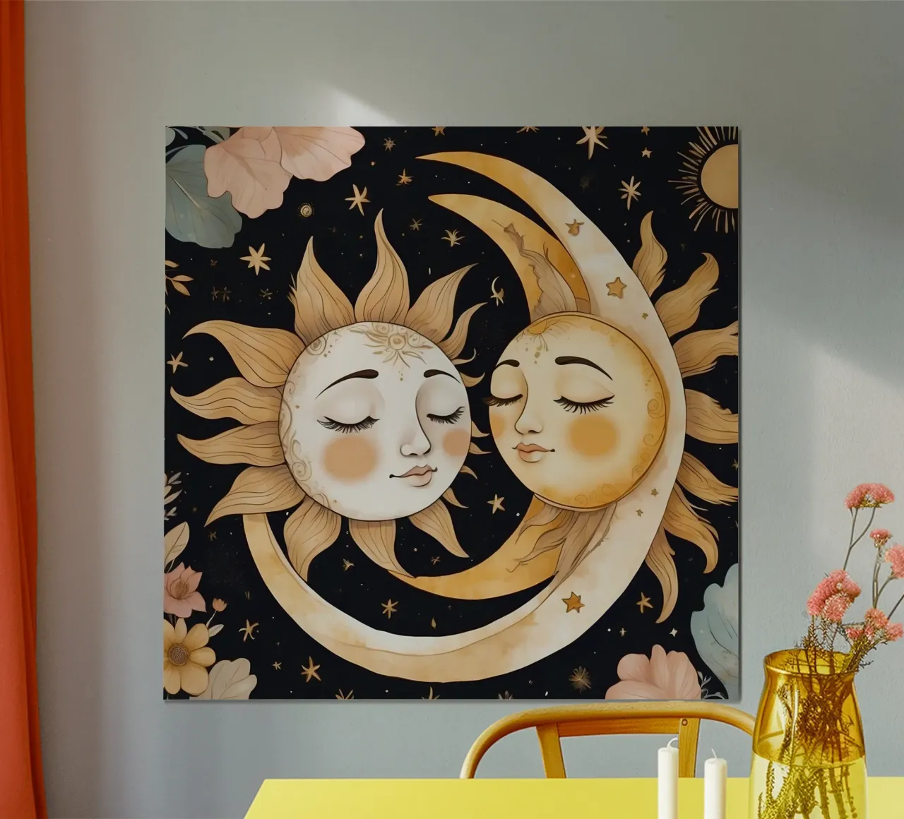 I volti celesti del sole e della luna si intrecciano in una notte floreale poster con telaio in legno da DesignDoodle