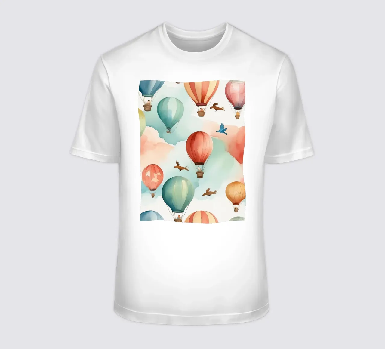 Colorful hot air balloons float among soft clouds with birds t-shirt by DesignDoodle