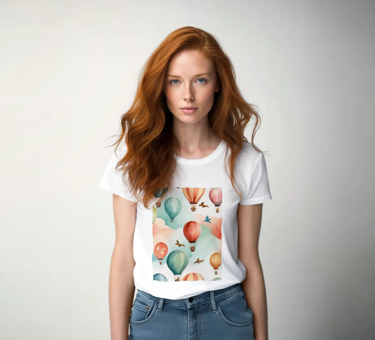 Colorful hot air balloons float among soft clouds with birds women's fitted t-shirt by DesignDoodle