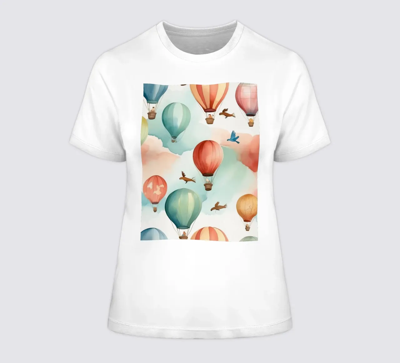 Colorful hot air balloons float among soft clouds with birds women's fitted t-shirt by DesignDoodle