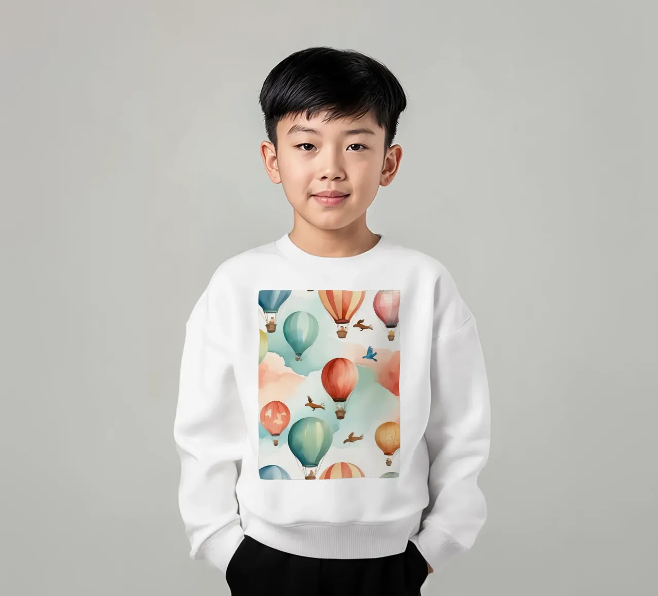 Colorful hot air balloons float among soft clouds with birds kids sweatshirt by DesignDoodle