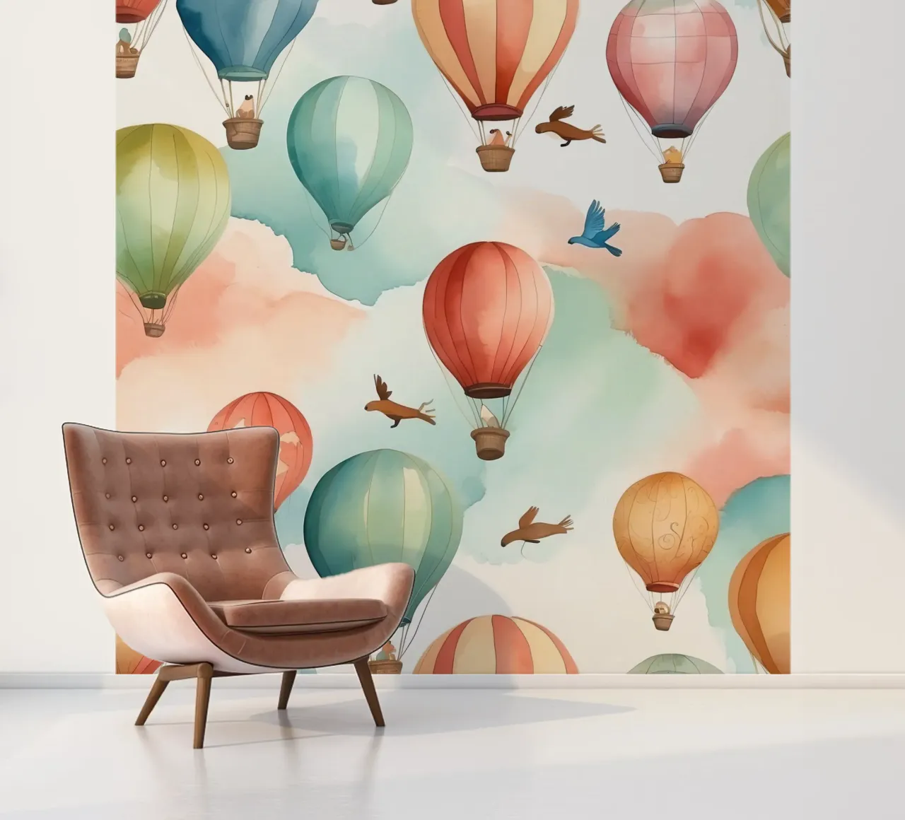 Colorful hot air balloons float among soft clouds with birds photo wallpaper by DesignDoodle