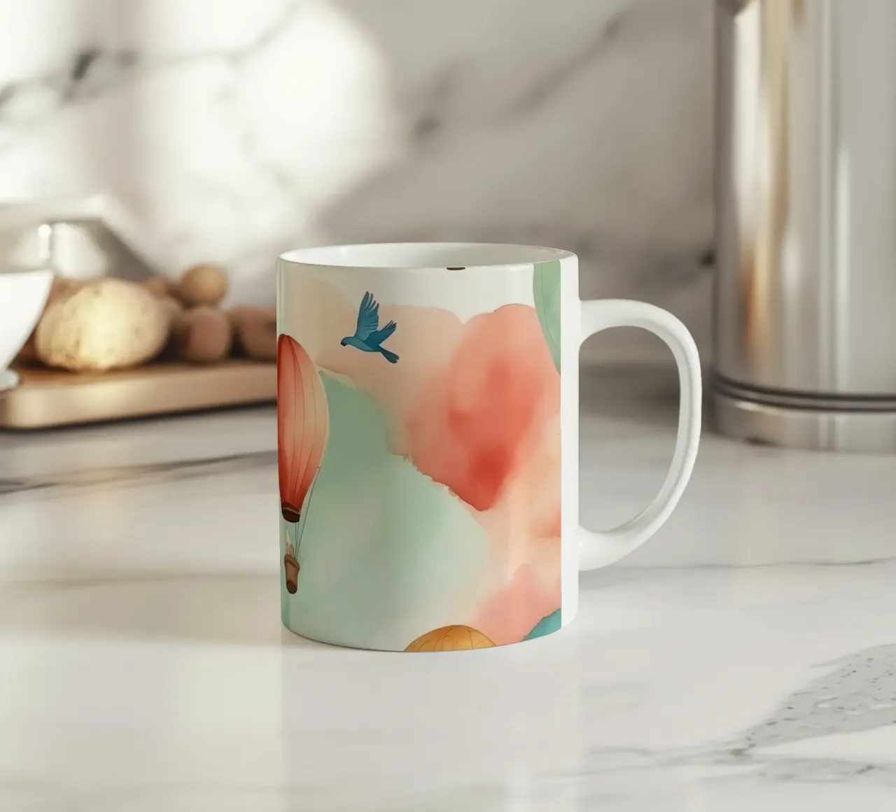 Kleurrijke heteluchtballonnen zweven tussen zachte wolken met vogels keramische mok van DesignDoodle