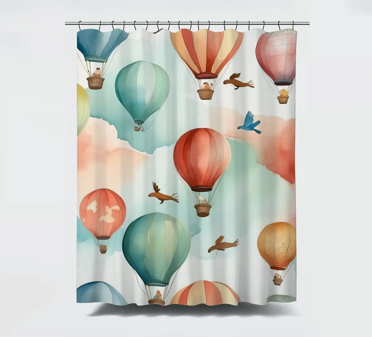 Colorful hot air balloons float among soft clouds with birds shower curtain by DesignDoodle