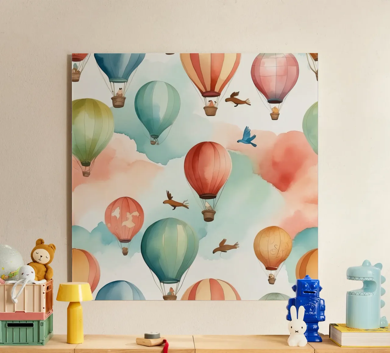 Colorful hot air balloons float among soft clouds with birds acrylic glass by DesignDoodle