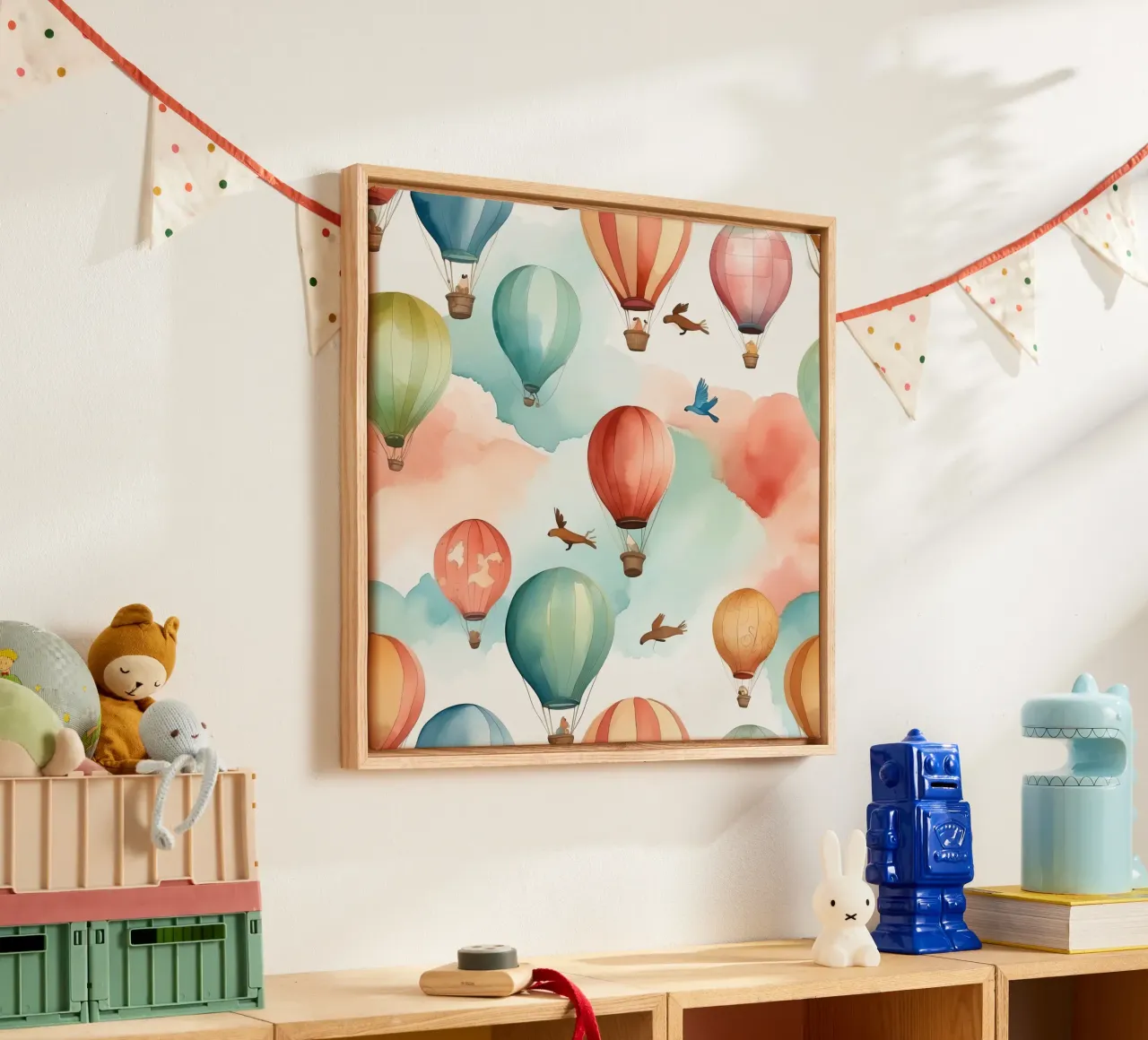 Kleurrijke heteluchtballonnen zweven tussen zachte wolken met vogels canvas met Baklijst van DesignDoodle