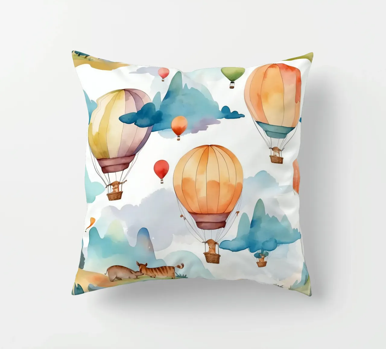 Mongolfiere che salgono su montagne ondulate cuscino da DesignDoodle
