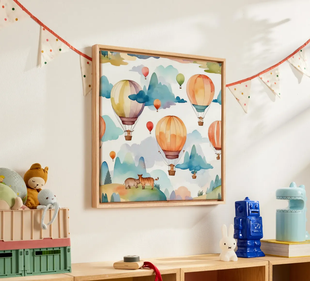 Mongolfiere che salgono su montagne ondulate tela con Cornice a cassetta da DesignDoodle