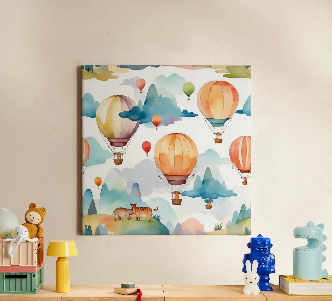 Mongolfiere che salgono su montagne ondulate tela con Cornice a cassetta da DesignDoodle