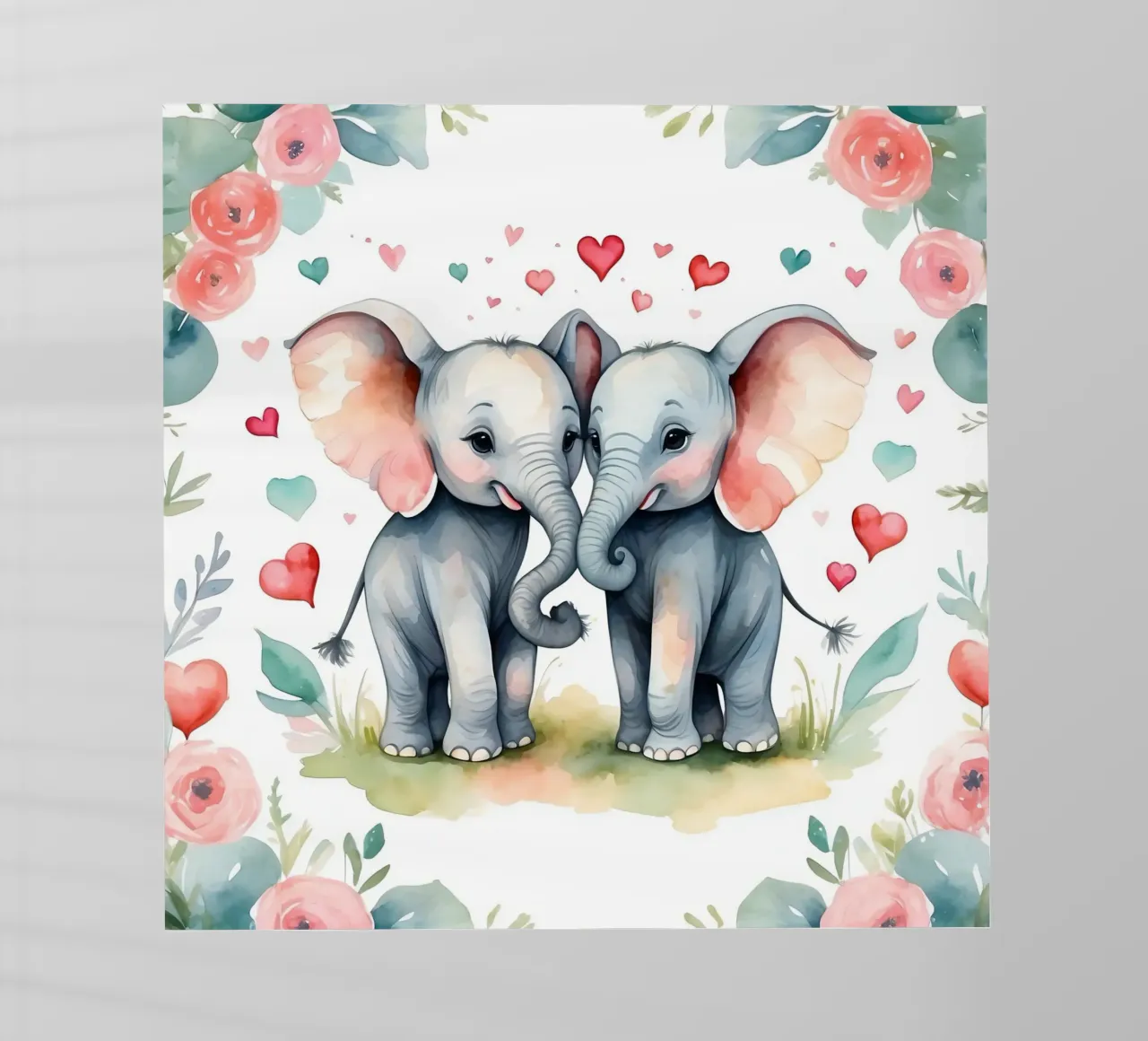 Dos simpáticos elefantes comparten afecto rodeados de flores lámina retroiluminada de DesignDoodle