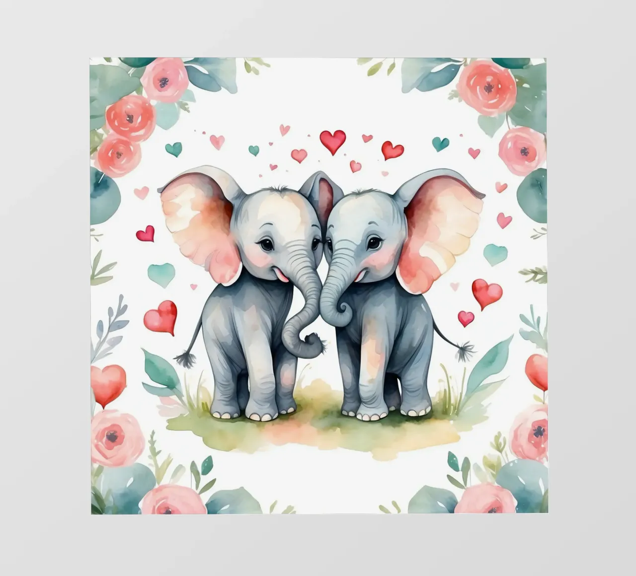 Dos simpáticos elefantes comparten afecto rodeados de flores lámina retroiluminada de DesignDoodle