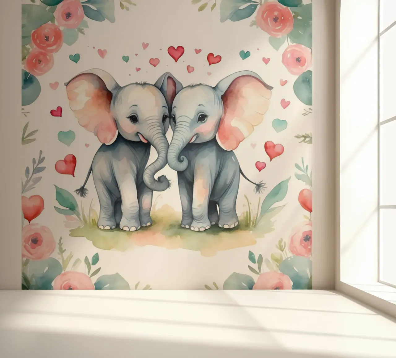 Zwei niedliche Elefanten teilen ihre Zuneigung, umgeben von Blumen Fototapete von DesignDoodle