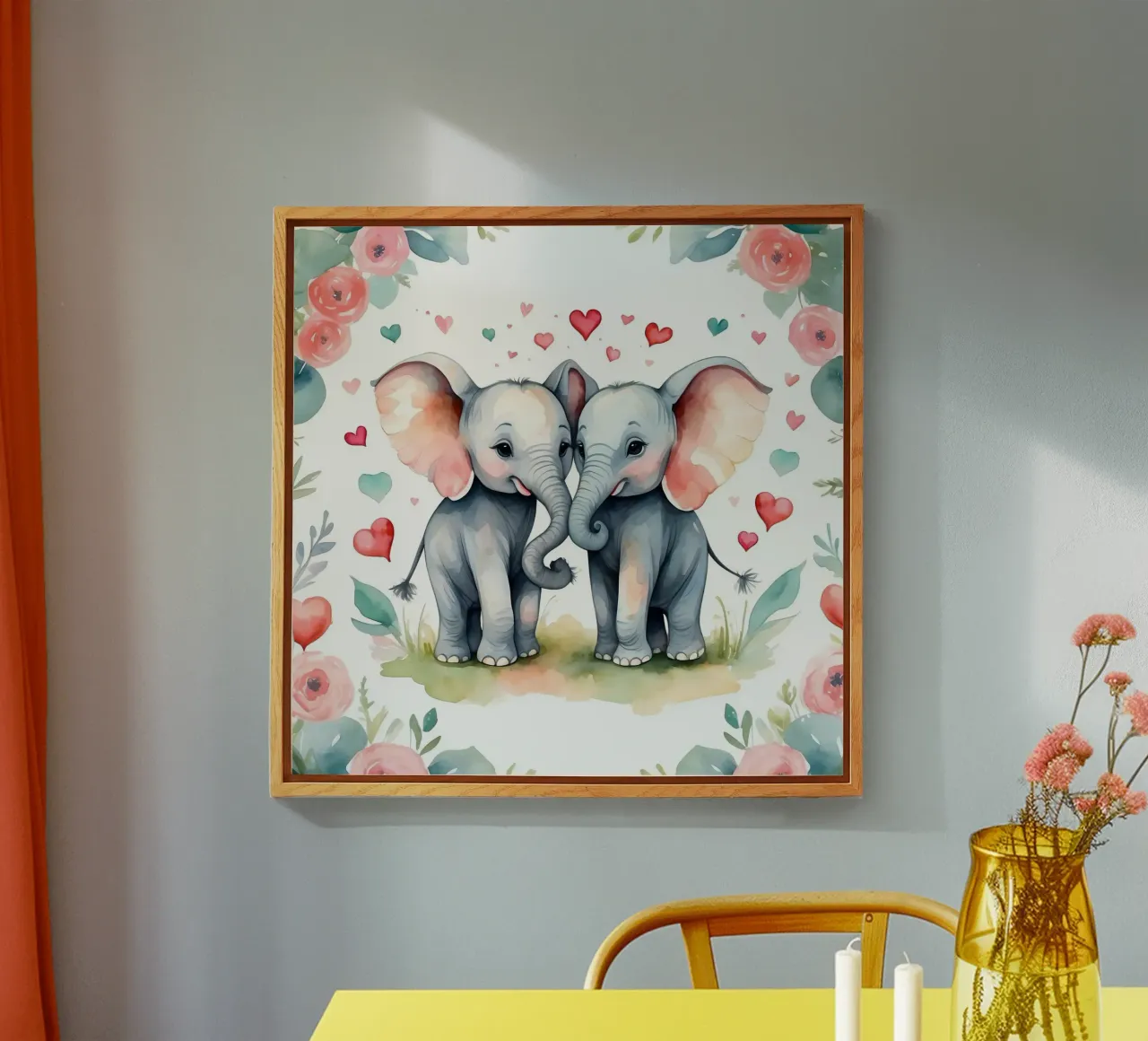 Dos simpáticos elefantes comparten afecto rodeados de flores metacrilato de DesignDoodle