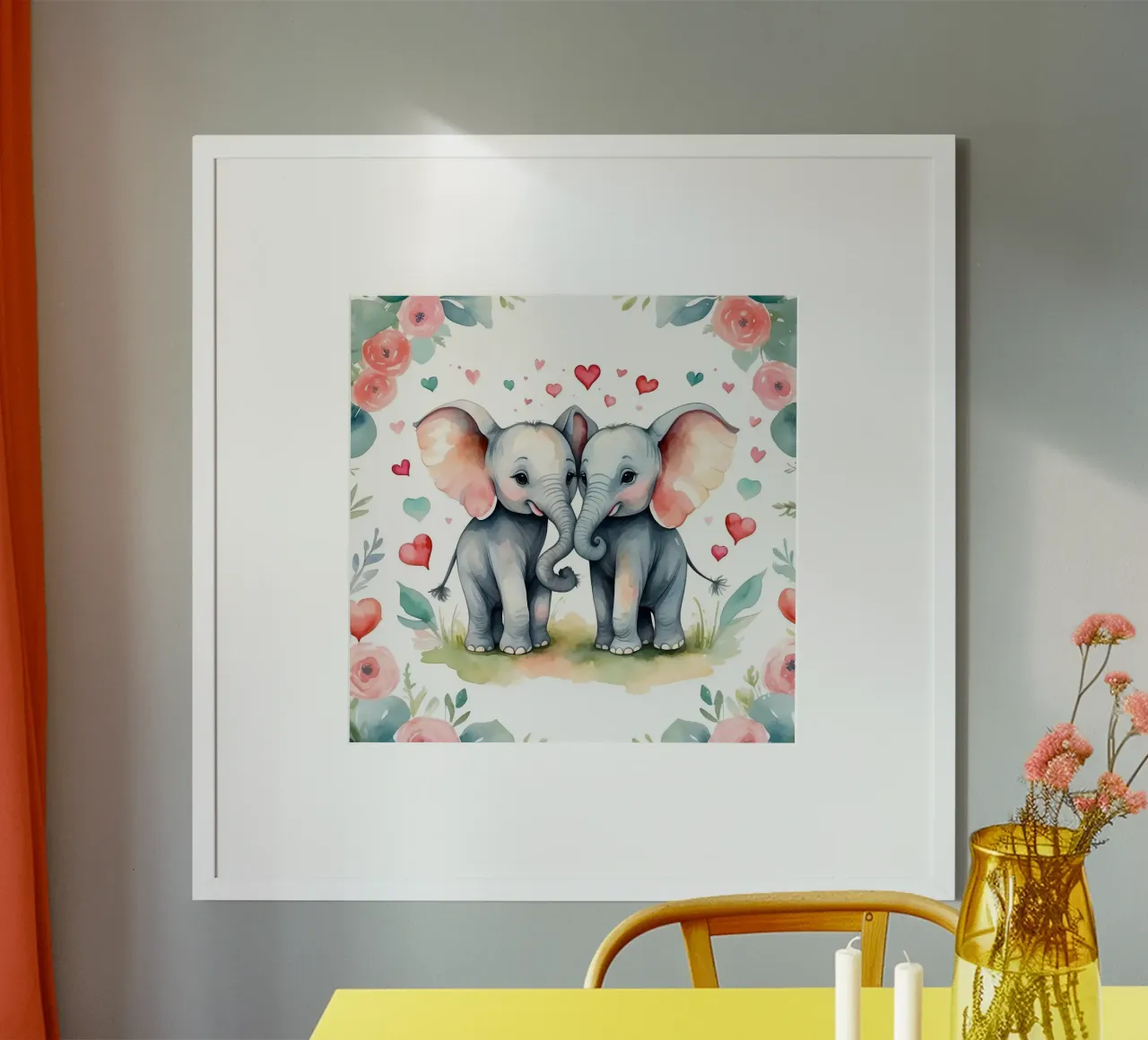 Dos simpáticos elefantes comparten afecto rodeados de flores hahnemühle de DesignDoodle