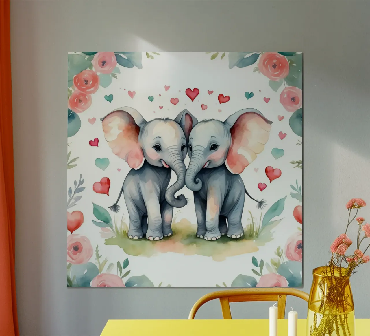 Dos simpáticos elefantes comparten afecto rodeados de flores hahnemühle de DesignDoodle