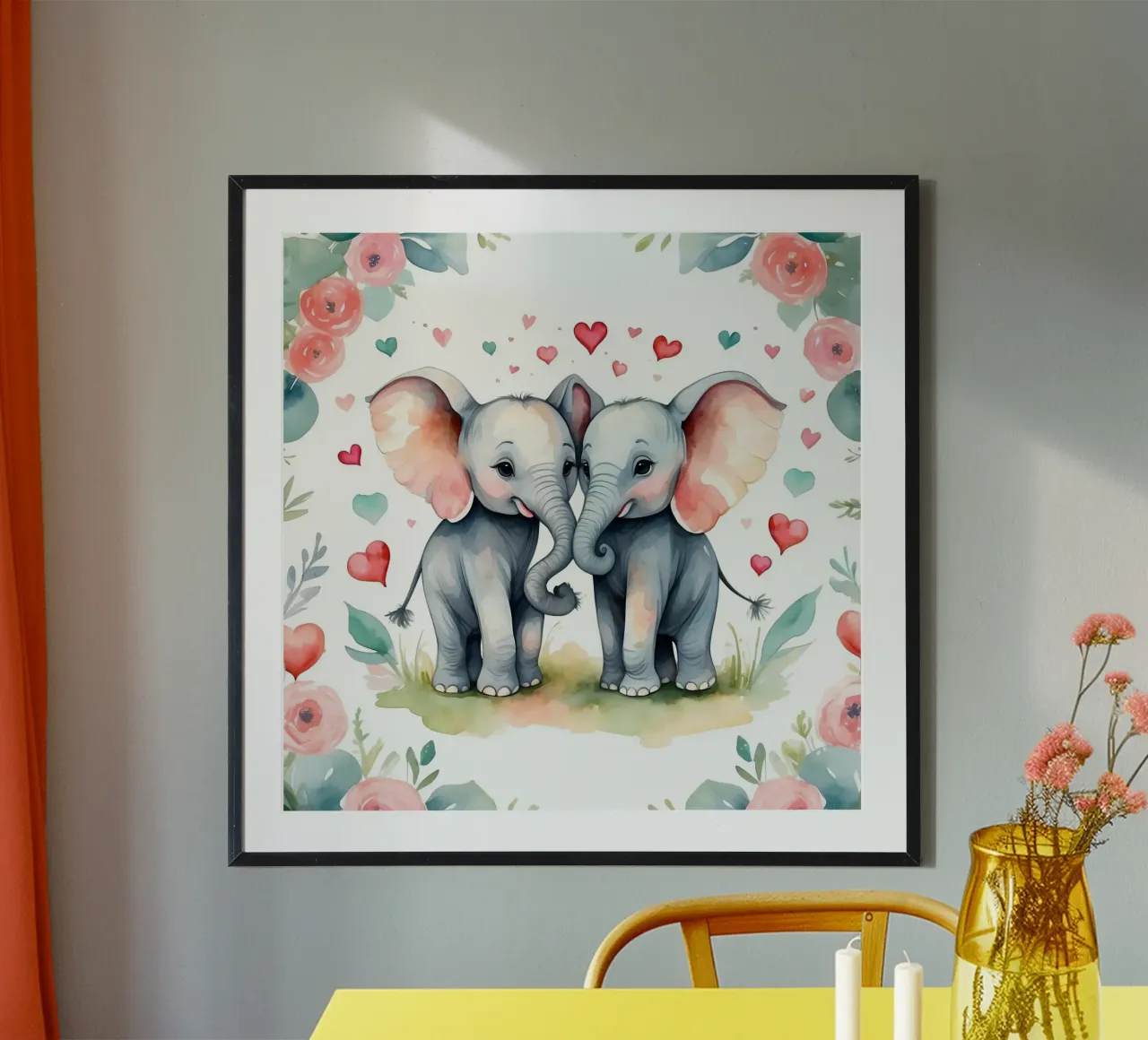 Dos simpáticos elefantes comparten afecto rodeados de flores hahnemühle de DesignDoodle