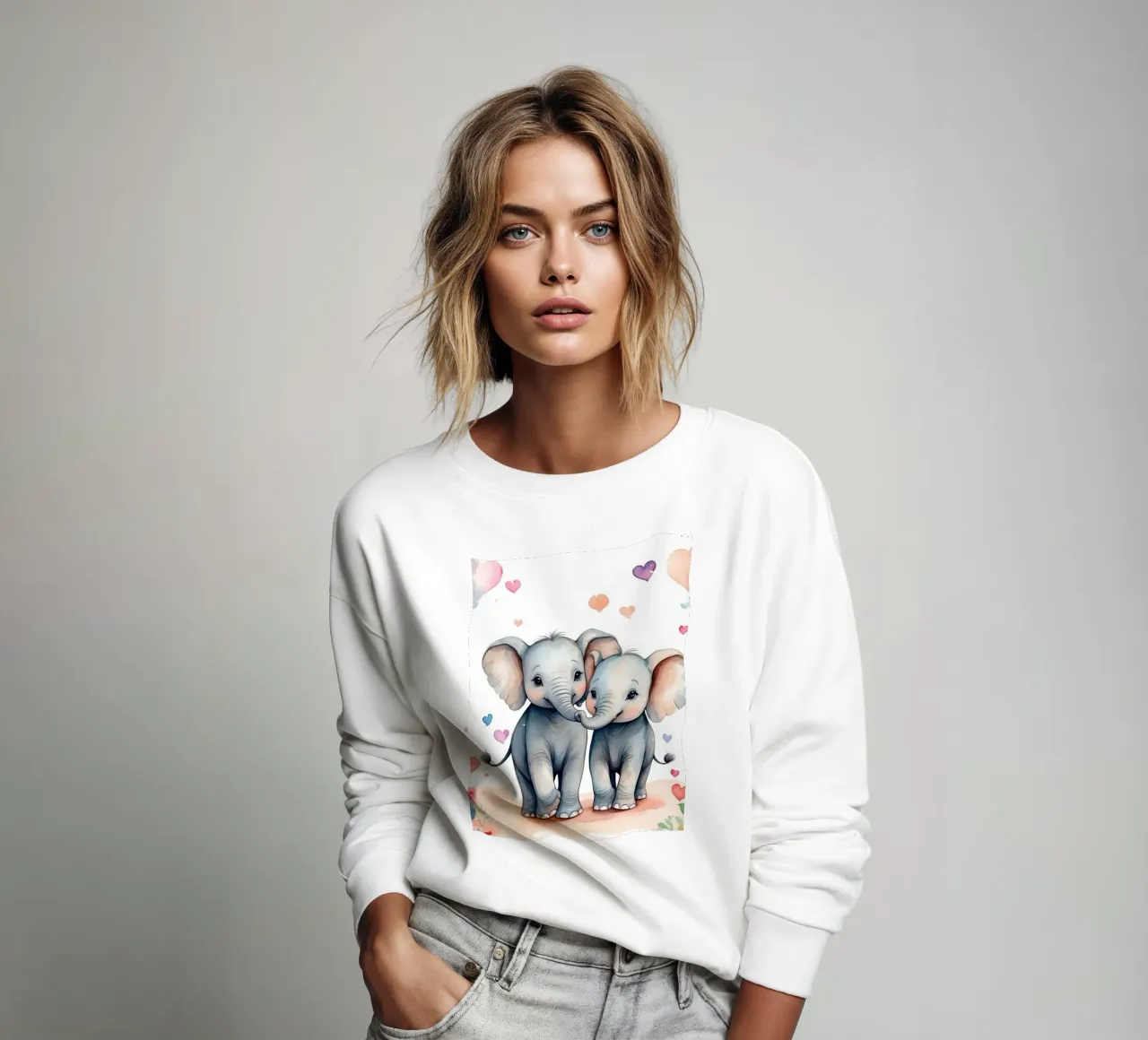 adorable elephants playfully touching trunks, hearts around sweatshirt by DesignDoodle