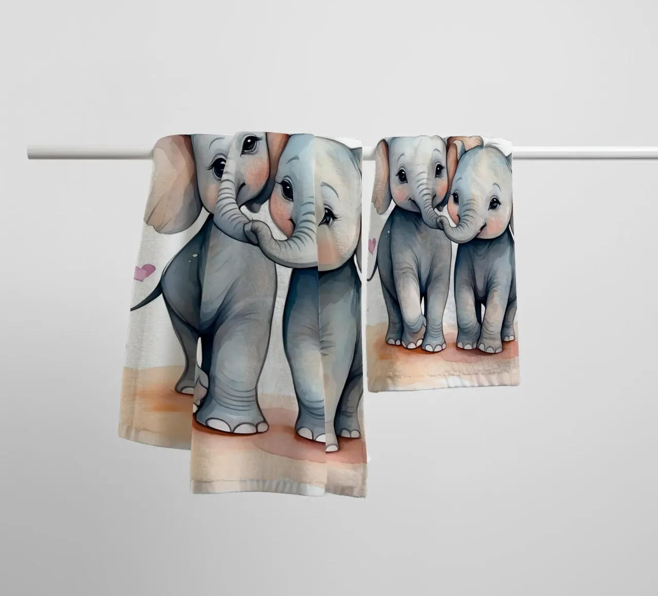 adorable elephants playfully touching trunks, hearts around towel by DesignDoodle