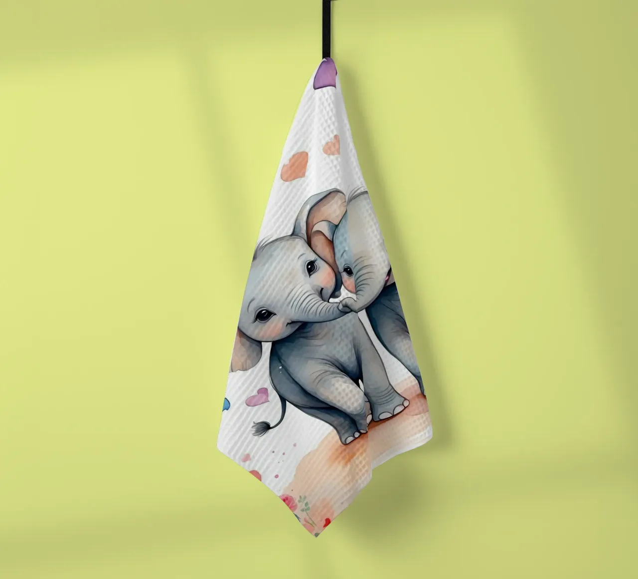 d'adorables éléphants s'amusant à se toucher la trompe, des cœurs autour d'eux torchon de DesignDoodle