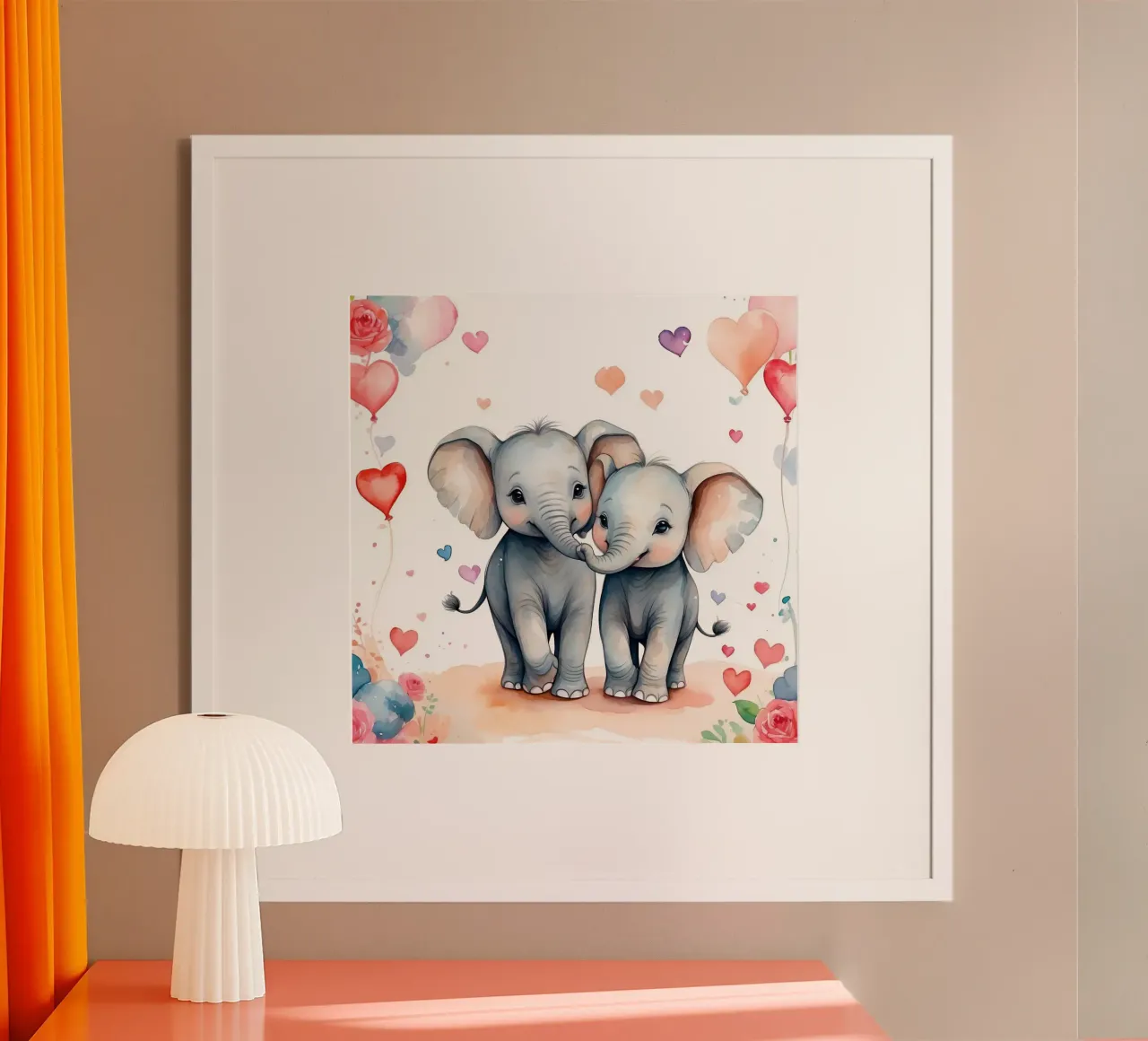 d'adorables éléphants s'amusant à se toucher la trompe, des cœurs autour d'eux poster avec cadre en aluminium de DesignDoodle