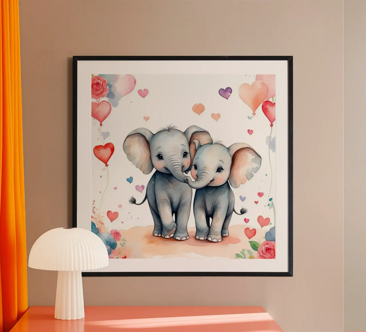 d'adorables éléphants s'amusant à se toucher la trompe, des cœurs autour d'eux poster avec cadre en aluminium de DesignDoodle