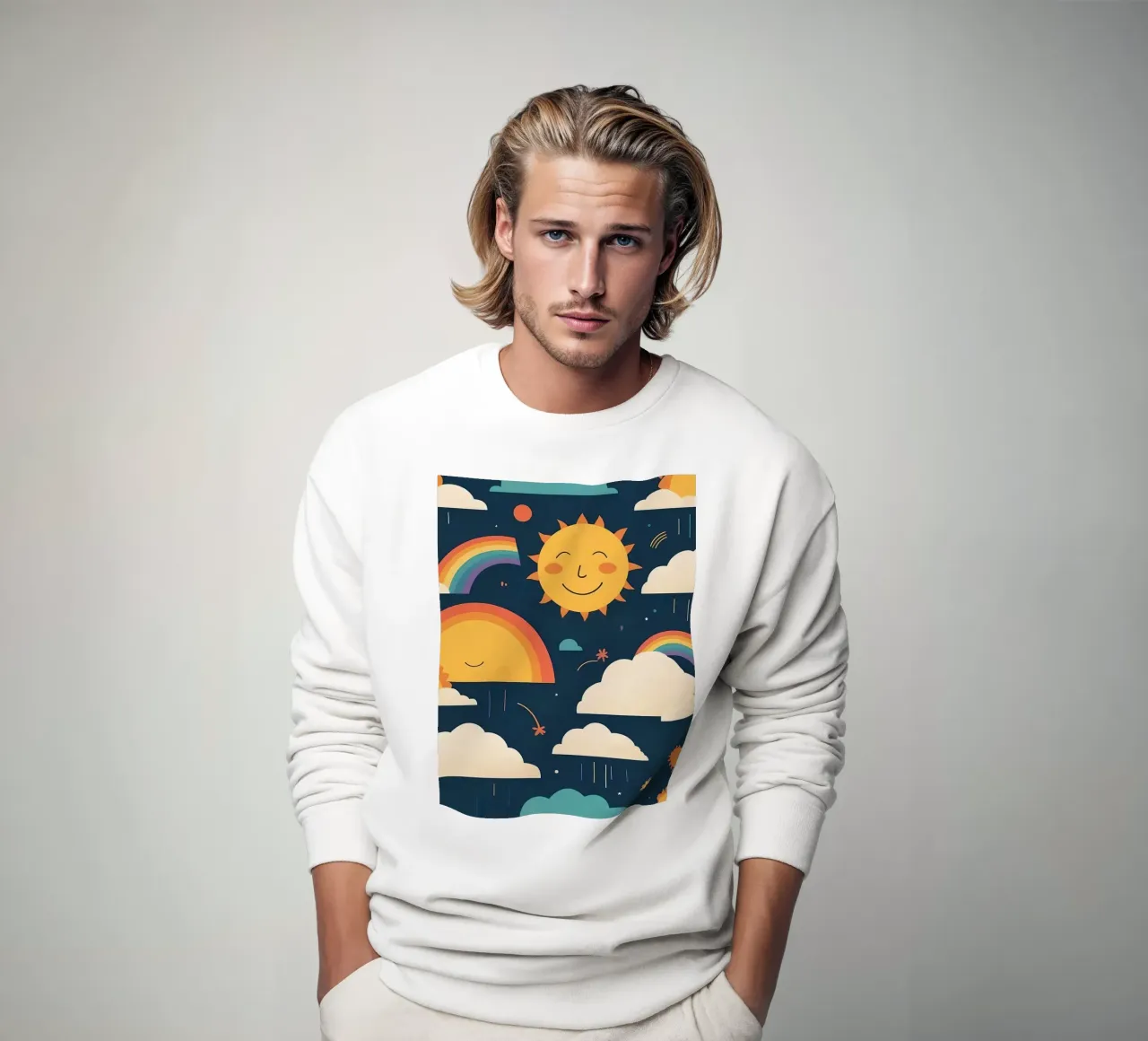 Whimsical pattern depicting smiling suns, rainbows, & clouds sweatshirt by DesignDoodle