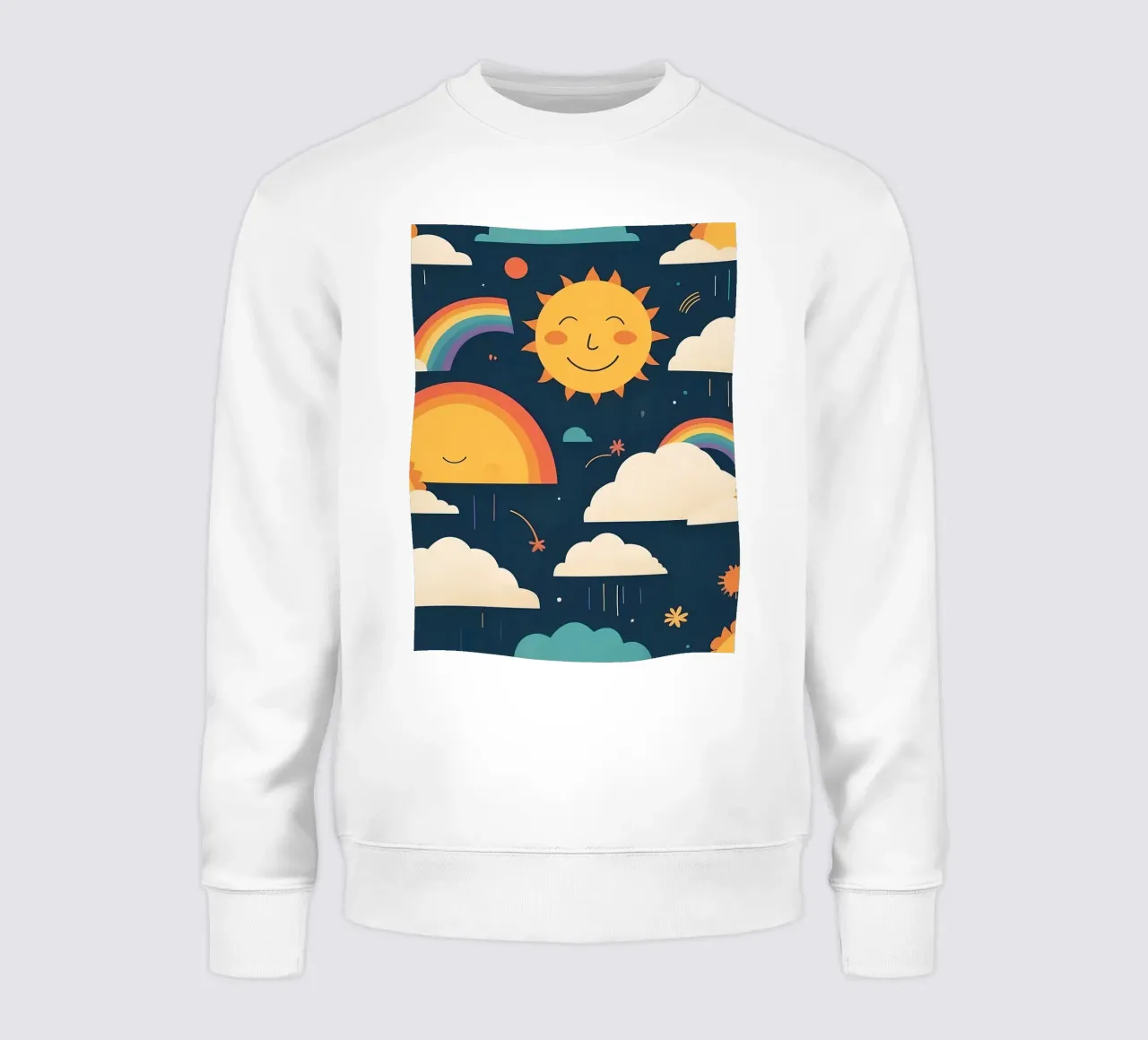 Whimsical pattern depicting smiling suns, rainbows, & clouds sweatshirt by DesignDoodle