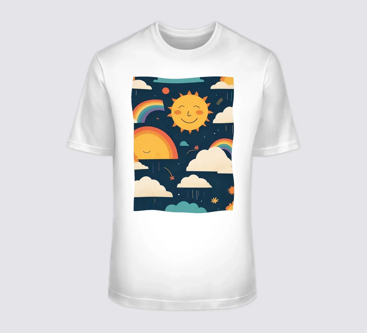 Whimsical pattern depicting smiling suns, rainbows, & clouds t-shirt by DesignDoodle