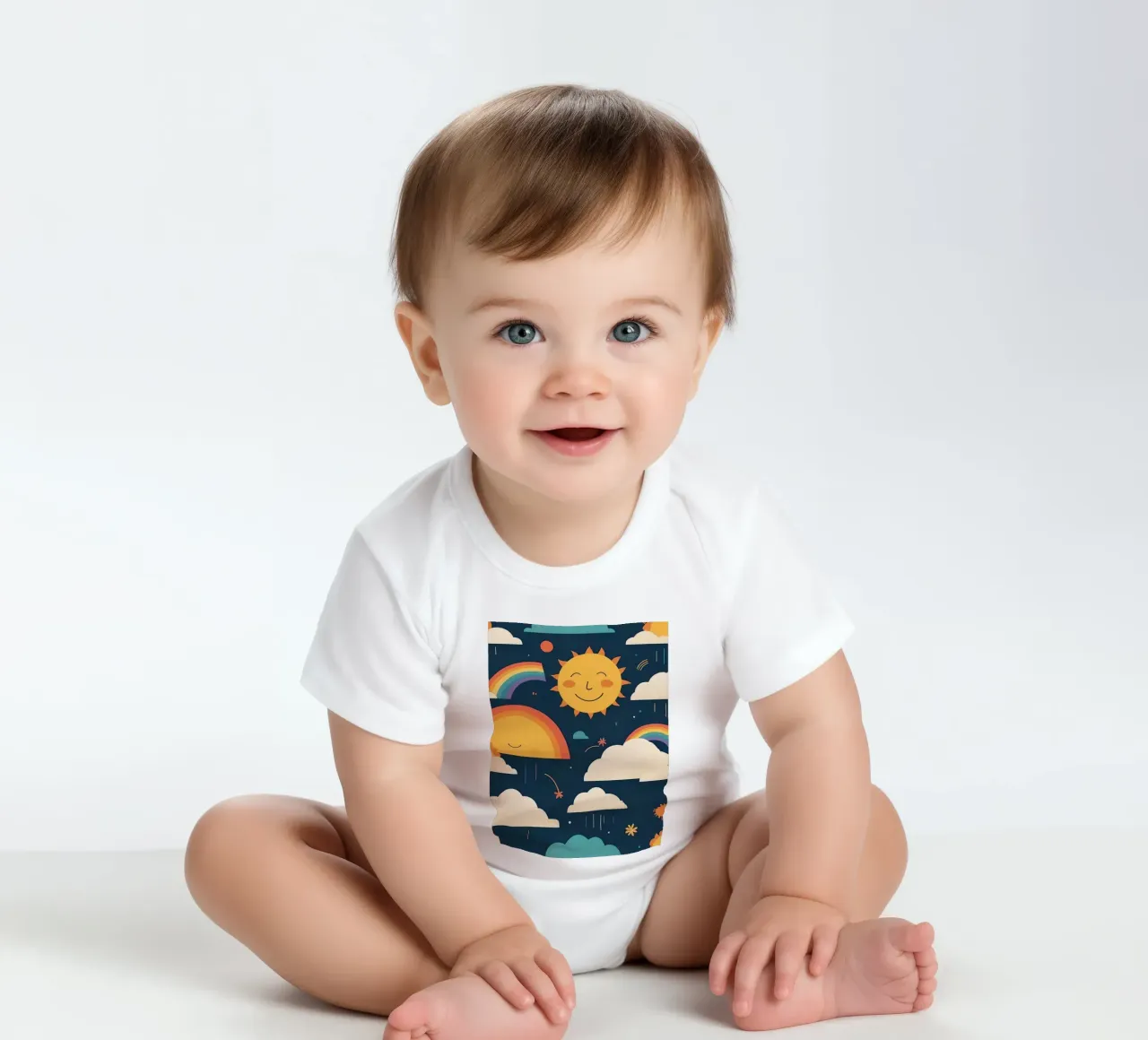 Whimsical pattern depicting smiling suns, rainbows, & clouds short-sleeve baby romper by DesignDoodle