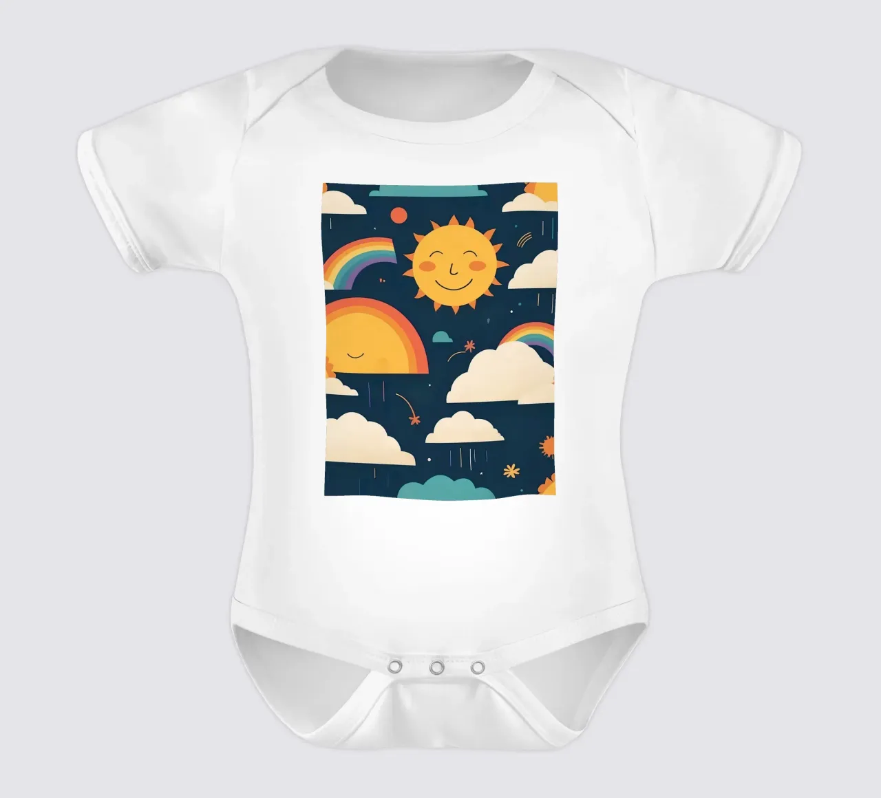Whimsical pattern depicting smiling suns, rainbows, & clouds short-sleeve baby romper by DesignDoodle