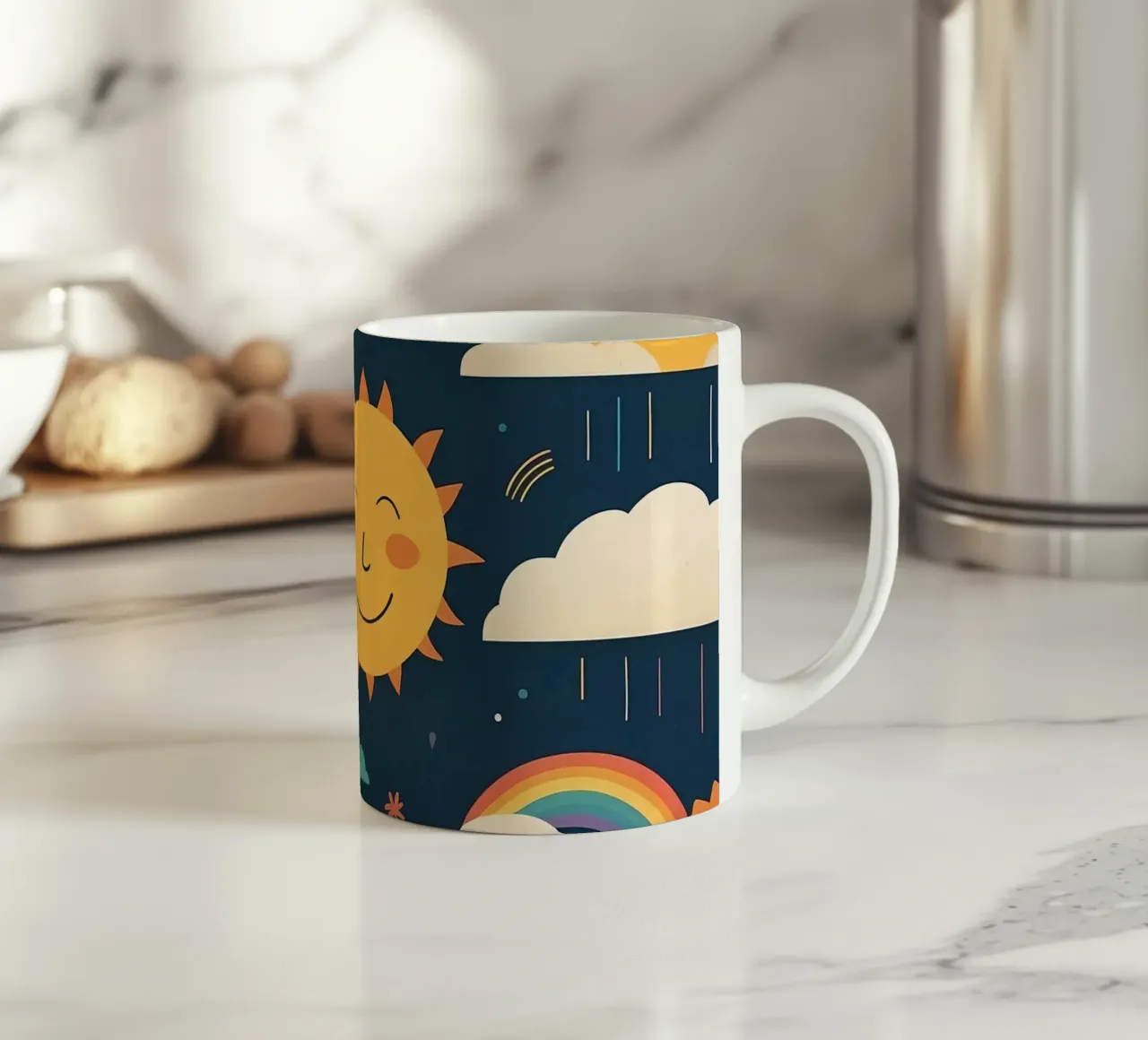 Motivo stravagante con sole sorridente, arcobaleni e nuvole tazza in ceramica da DesignDoodle