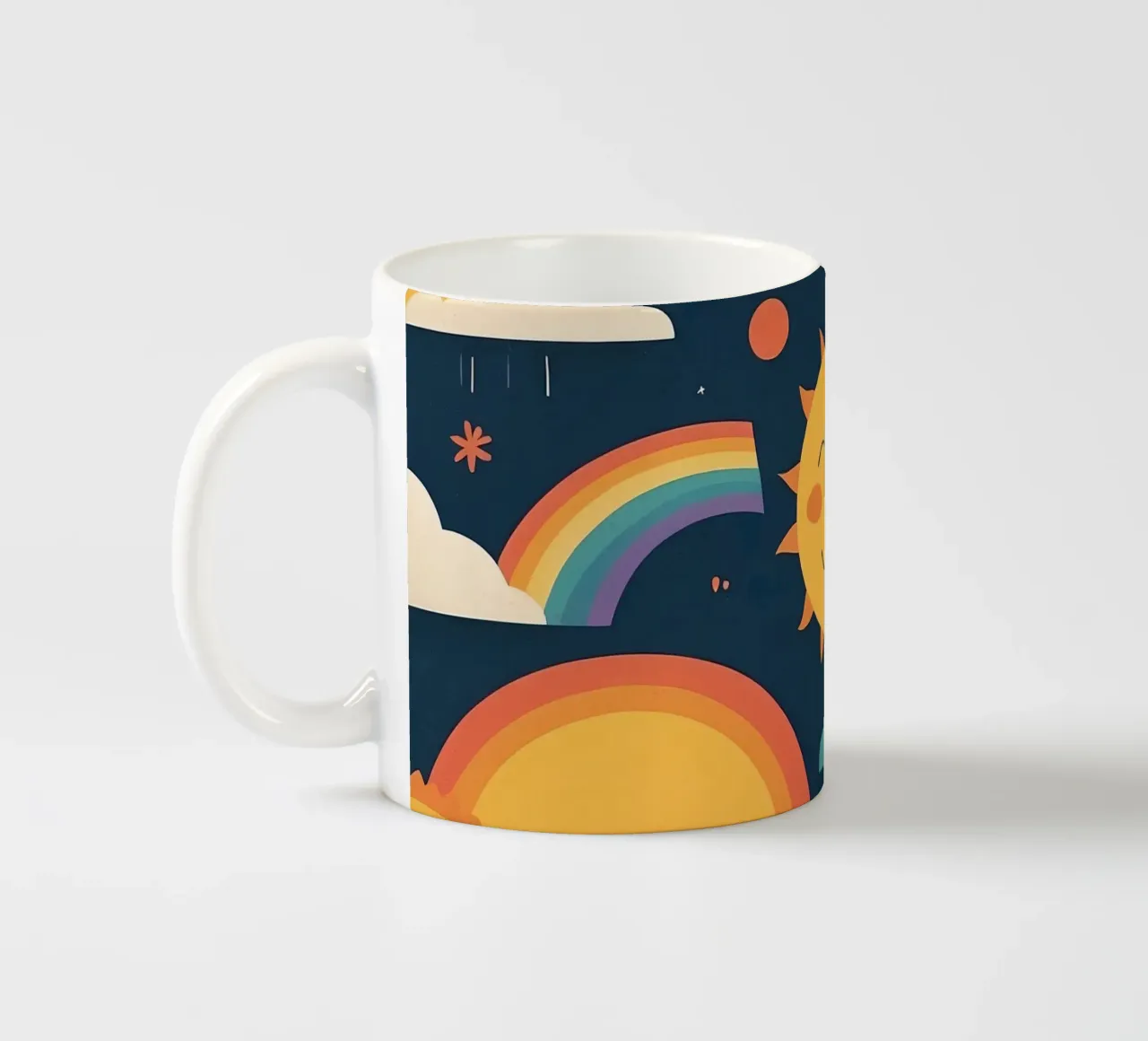 Motivo stravagante con sole sorridente, arcobaleni e nuvole tazza in ceramica da DesignDoodle