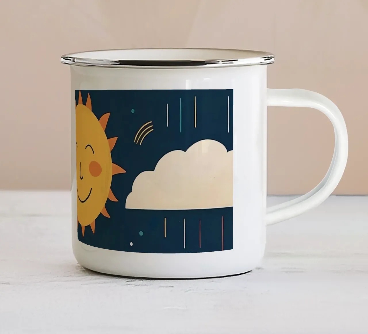 Motivo stravagante con sole sorridente, arcobaleni e nuvole tazza in smalto da DesignDoodle