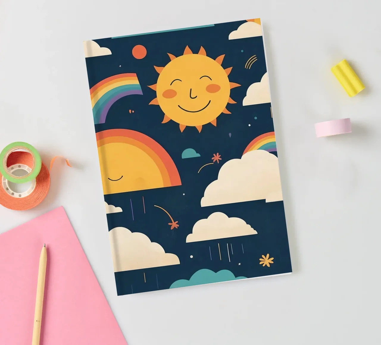 Whimsical pattern depicting smiling suns, rainbows, & clouds notebook by DesignDoodle