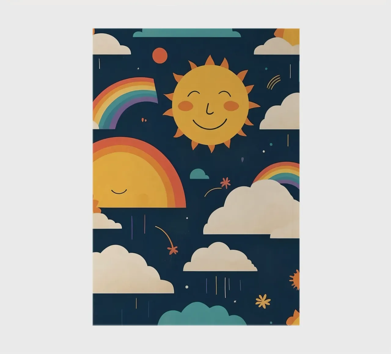 Whimsical pattern depicting smiling suns, rainbows, & clouds notebook by DesignDoodle