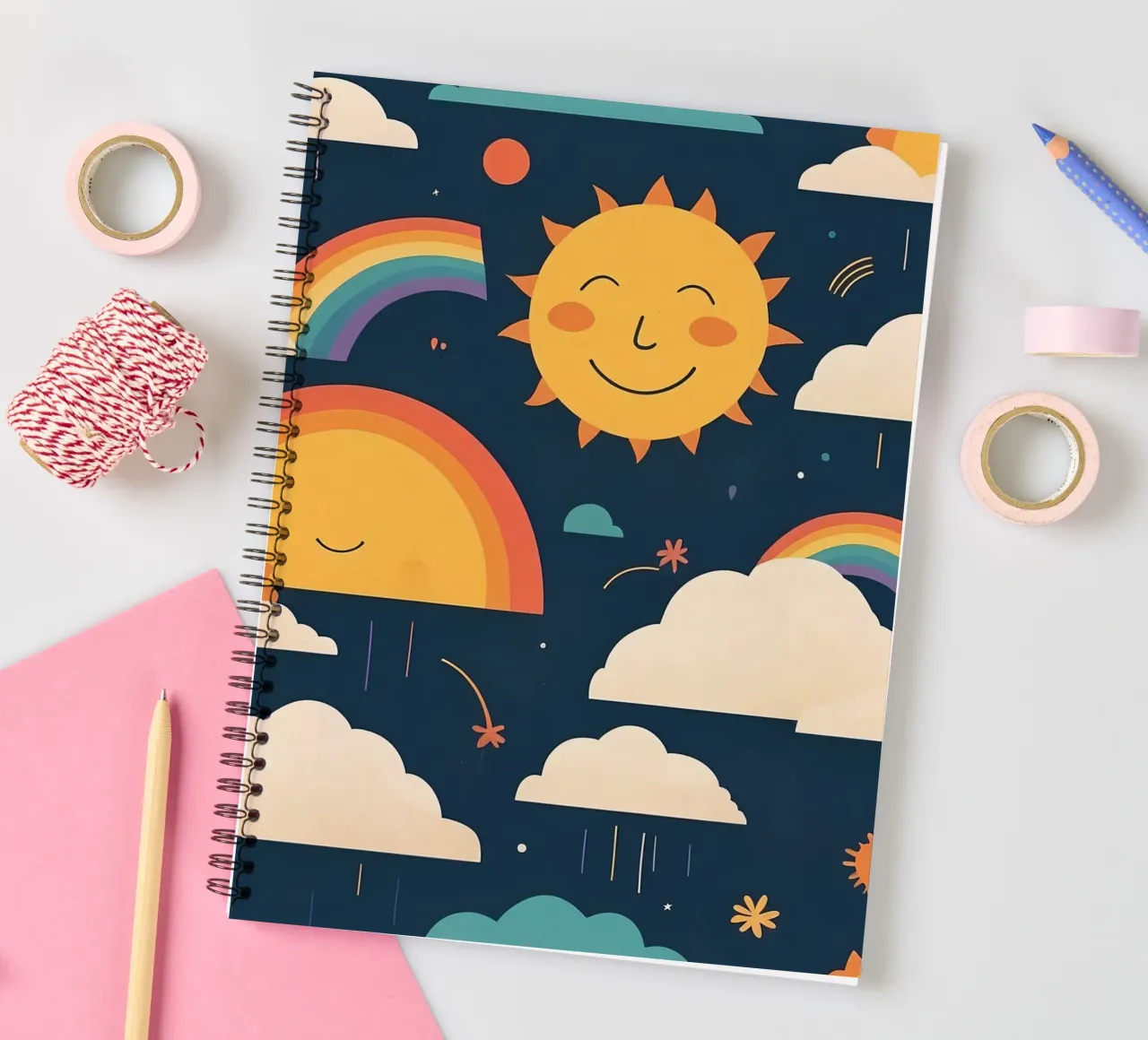 Whimsical pattern depicting smiling suns, rainbows, & clouds spiral notebook by DesignDoodle