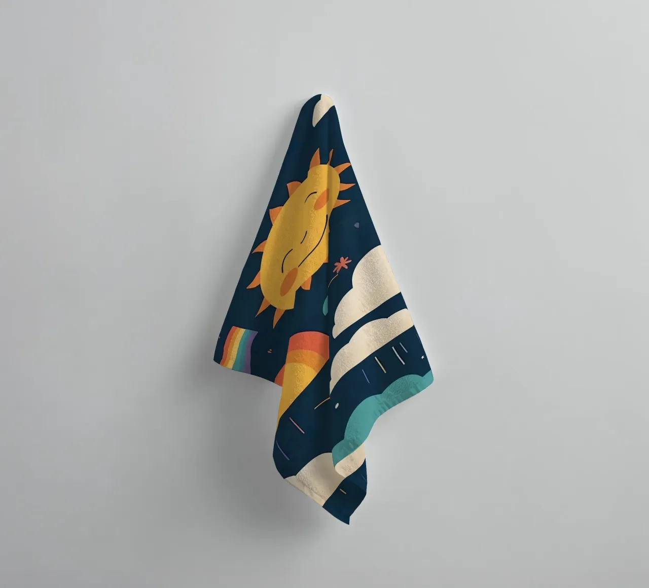 Whimsical pattern depicting smiling suns, rainbows, & clouds towel by DesignDoodle