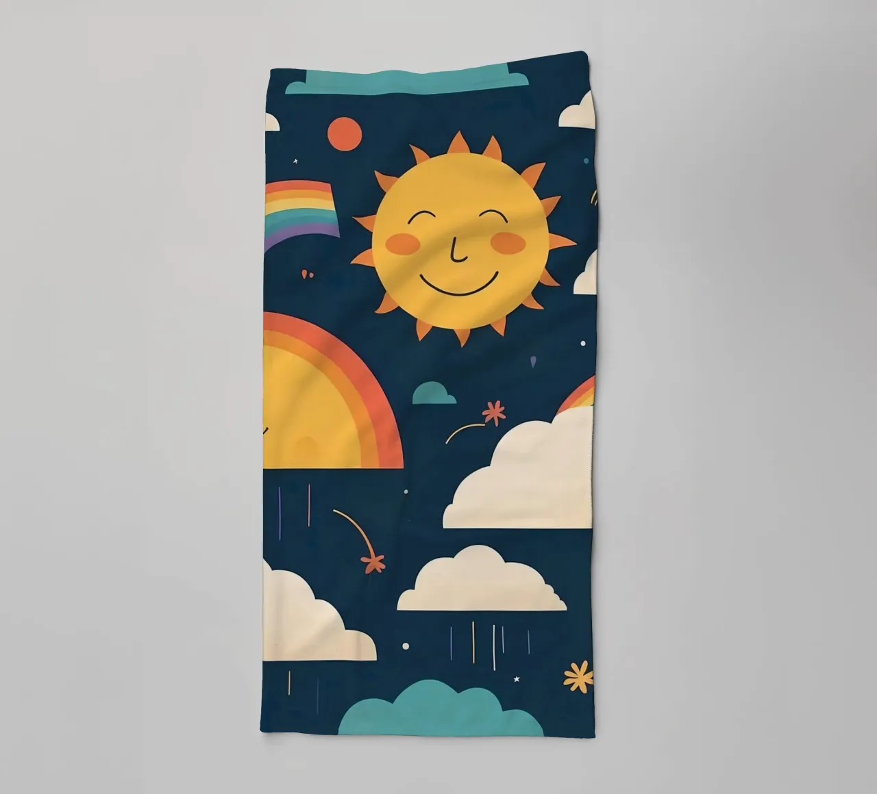 Whimsical pattern depicting smiling suns, rainbows, & clouds towel by DesignDoodle