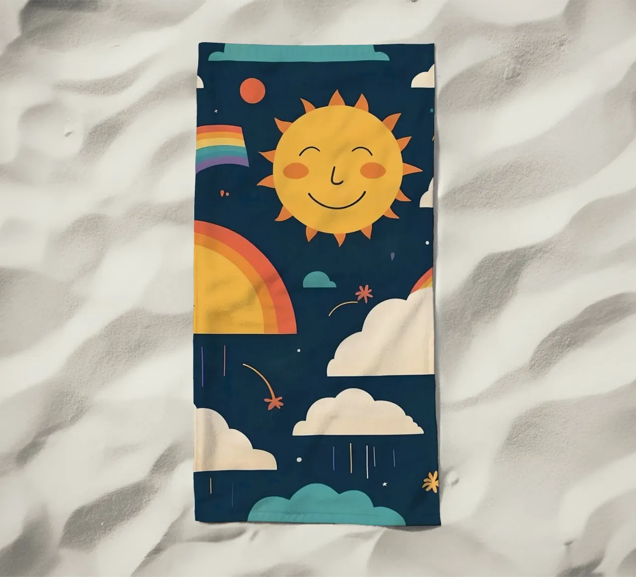 Whimsical pattern depicting smiling suns, rainbows, & clouds beach towel by DesignDoodle