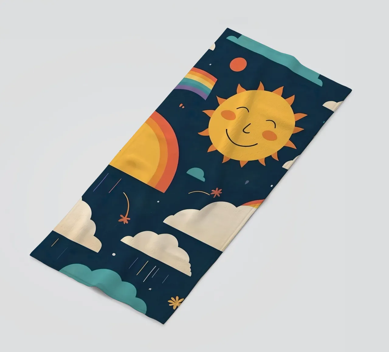 Whimsical pattern depicting smiling suns, rainbows, & clouds beach towel by DesignDoodle