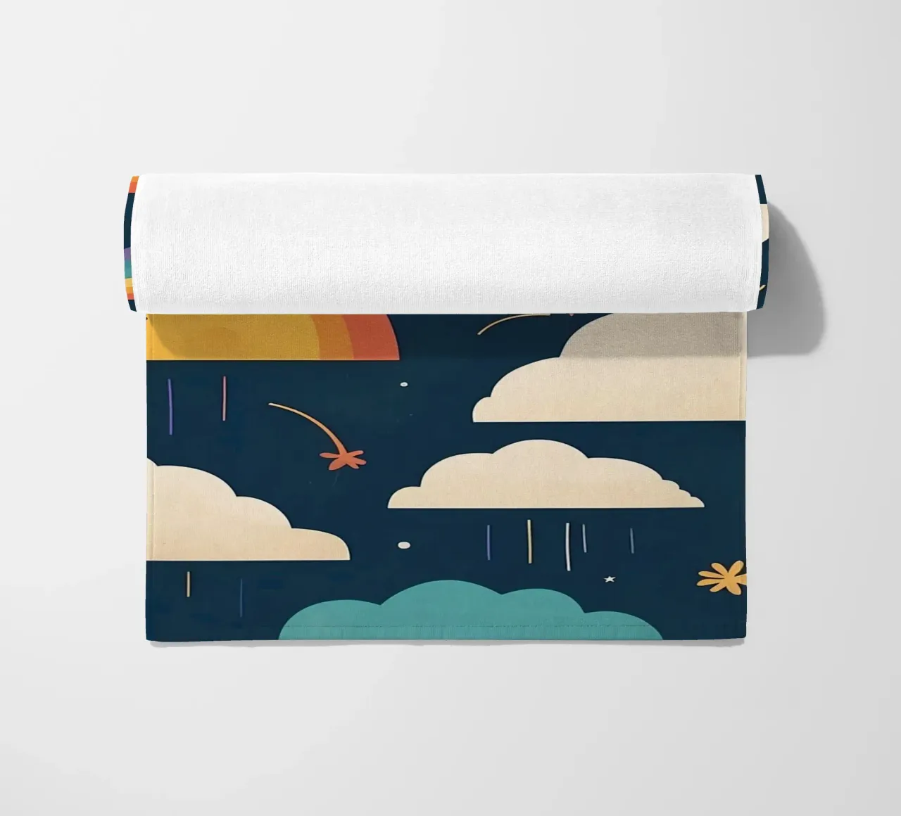 Whimsical pattern depicting smiling suns, rainbows, & clouds beach towel by DesignDoodle