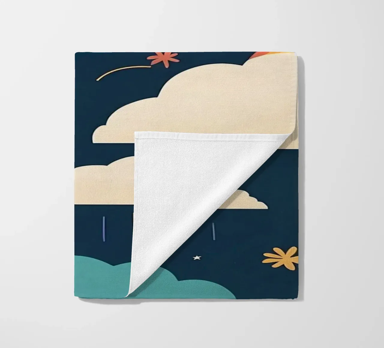 Whimsical pattern depicting smiling suns, rainbows, & clouds beach towel by DesignDoodle
