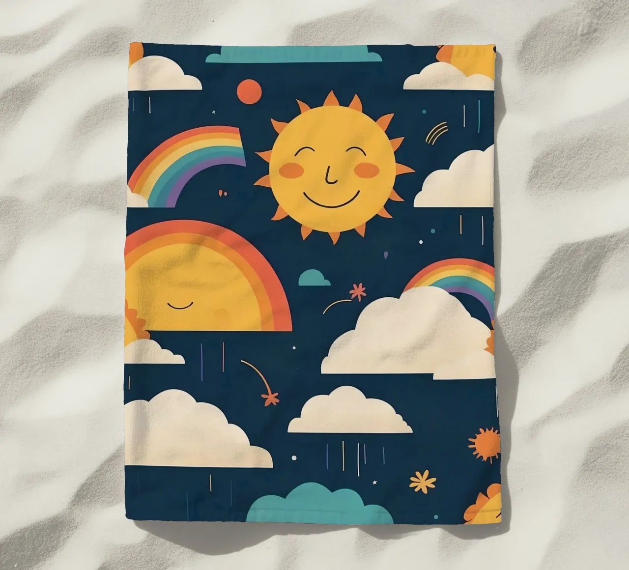 Whimsical pattern depicting smiling suns, rainbows, & clouds beach towel by DesignDoodle