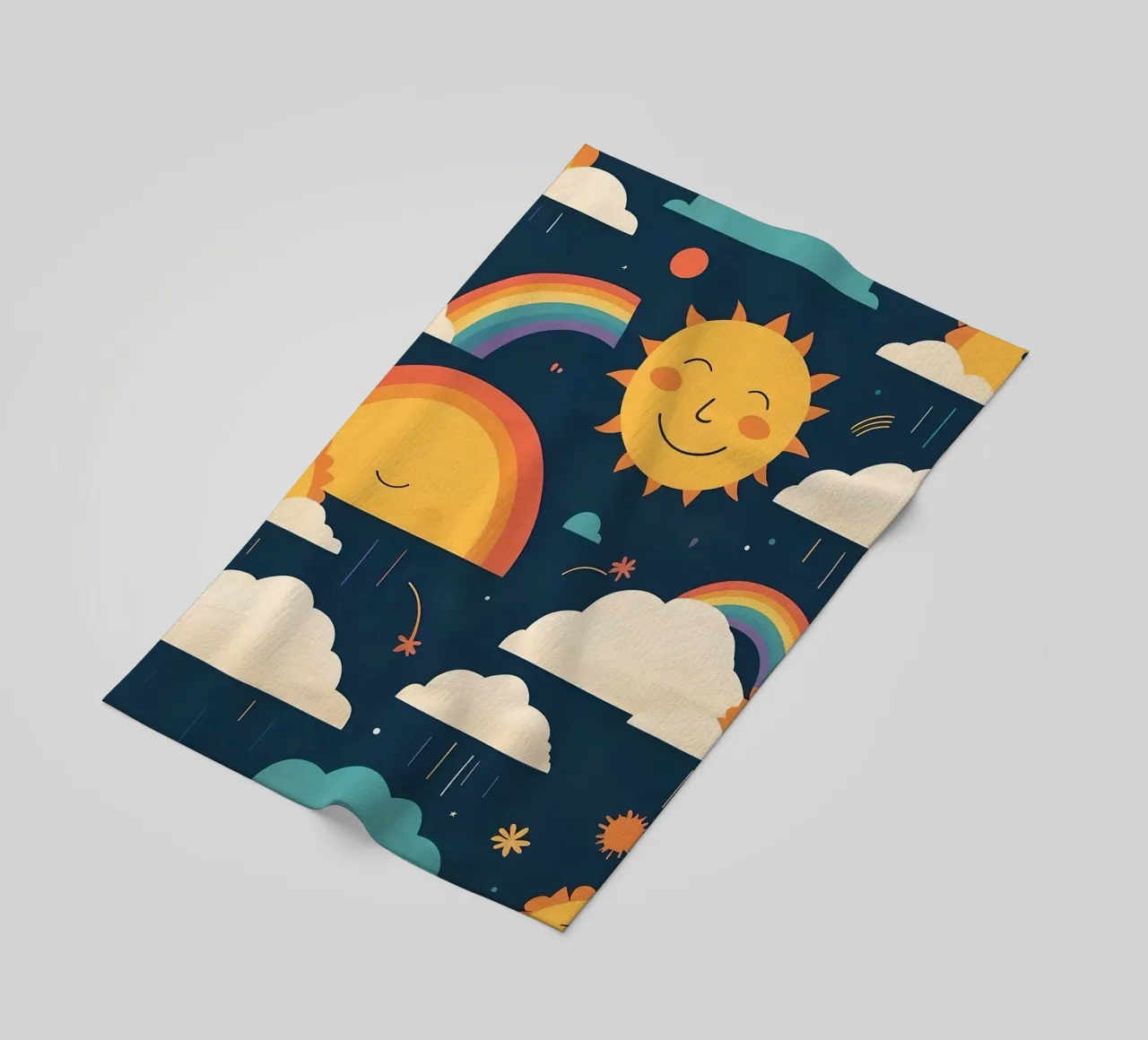 Whimsical pattern depicting smiling suns, rainbows, & clouds beach towel by DesignDoodle