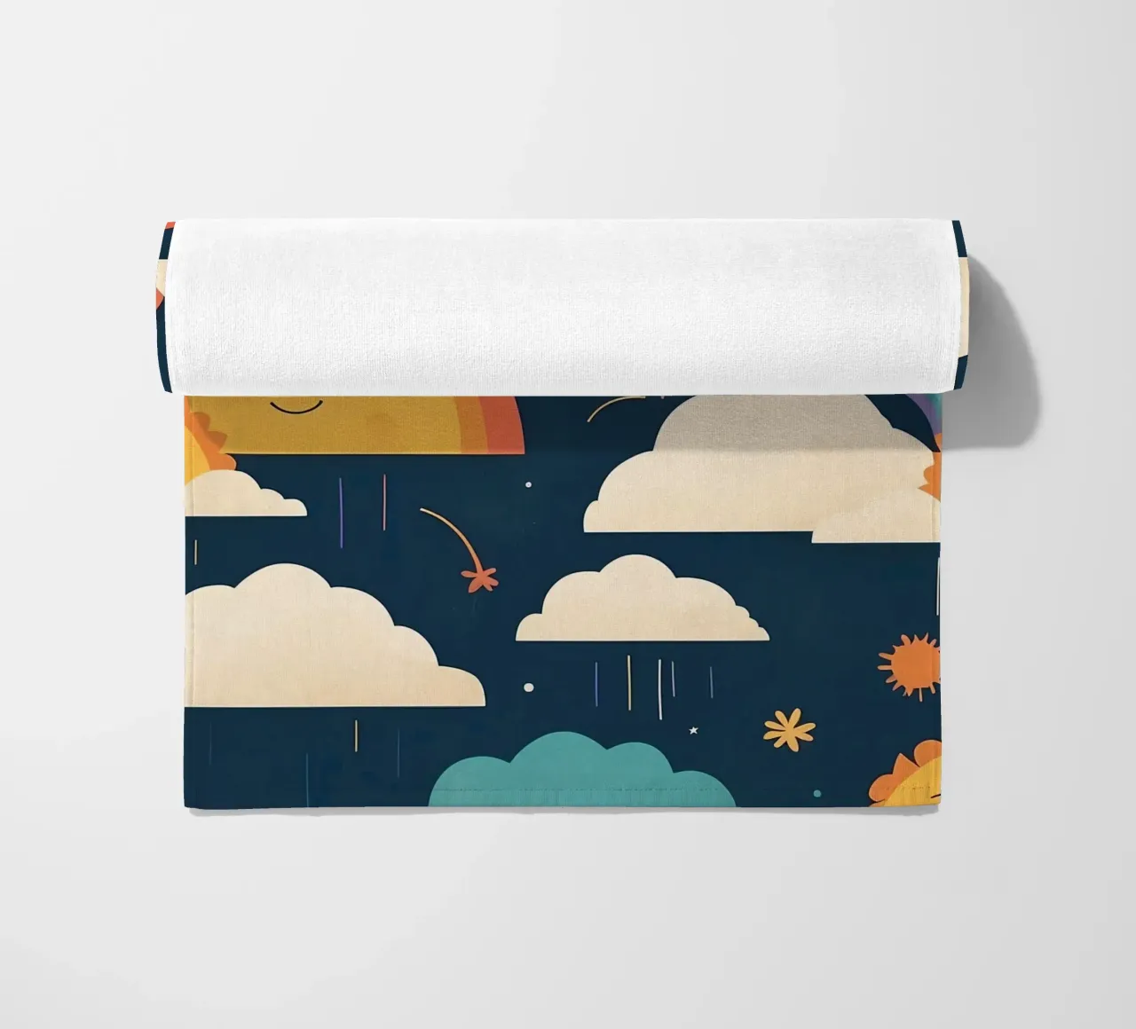 Whimsical pattern depicting smiling suns, rainbows, & clouds beach towel by DesignDoodle